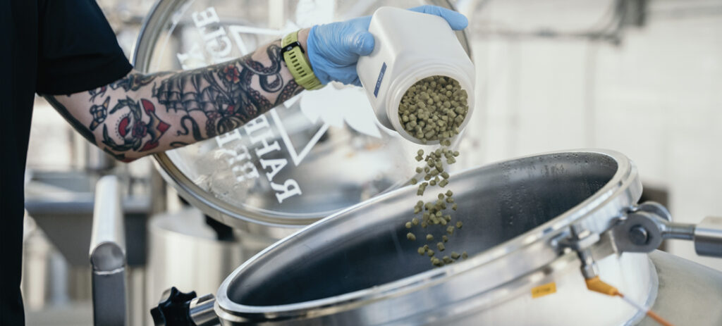 Hallertau Mittelfrüh hops being added to a boil